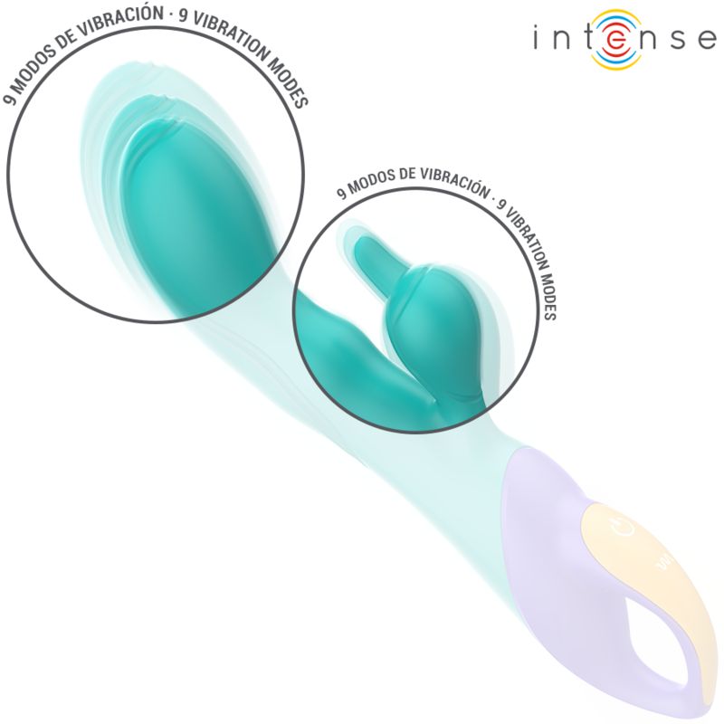 Türkis-lila Vibrator mit 9 Vibrationsmodi. Hervorgehoben sind die Spitze und der Schaft.