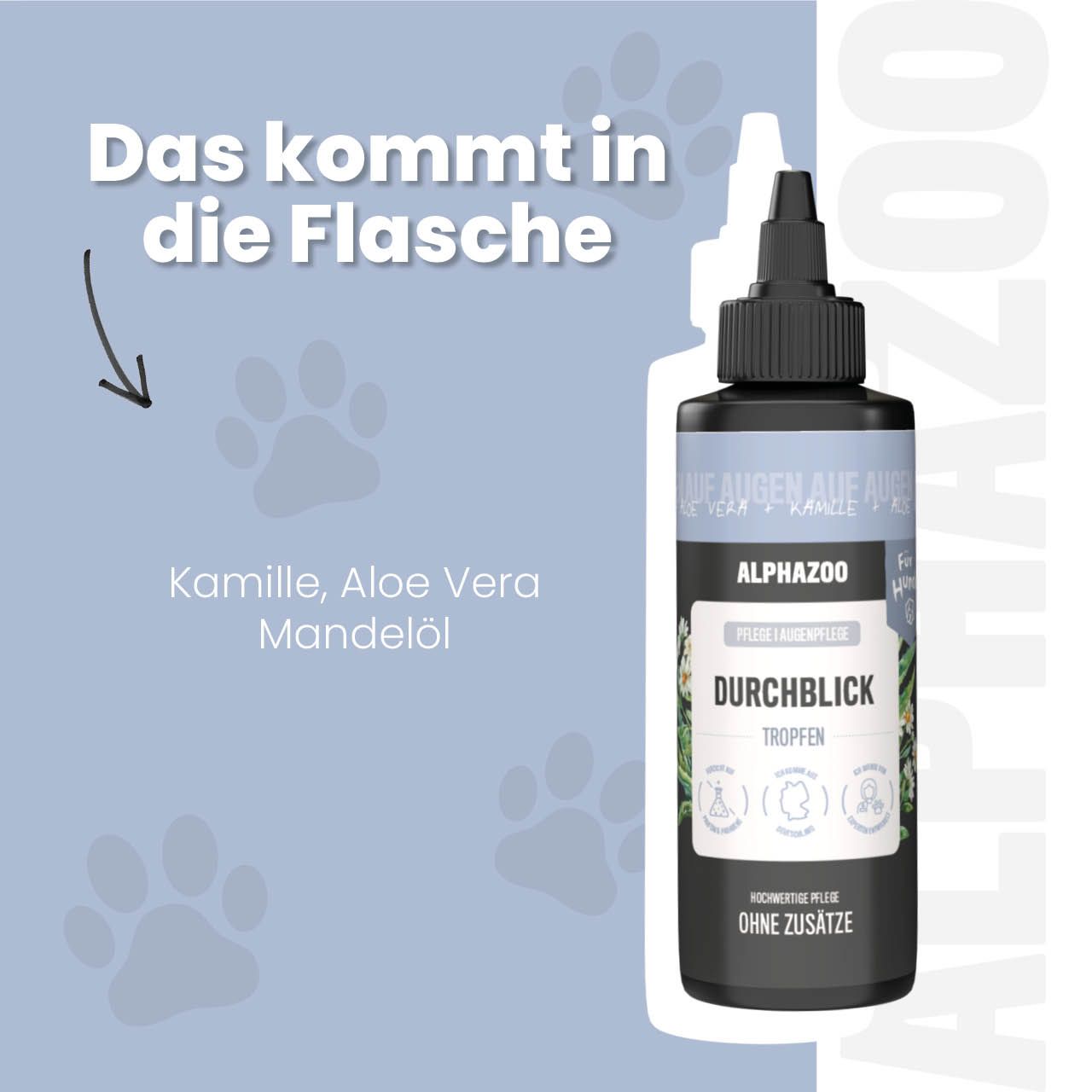Produktflasche mit Kamille, Aloe Vera und Mandelöl. Text: Das kommt in die Flasche. ALPHAZOO Durchblick Tropfen.