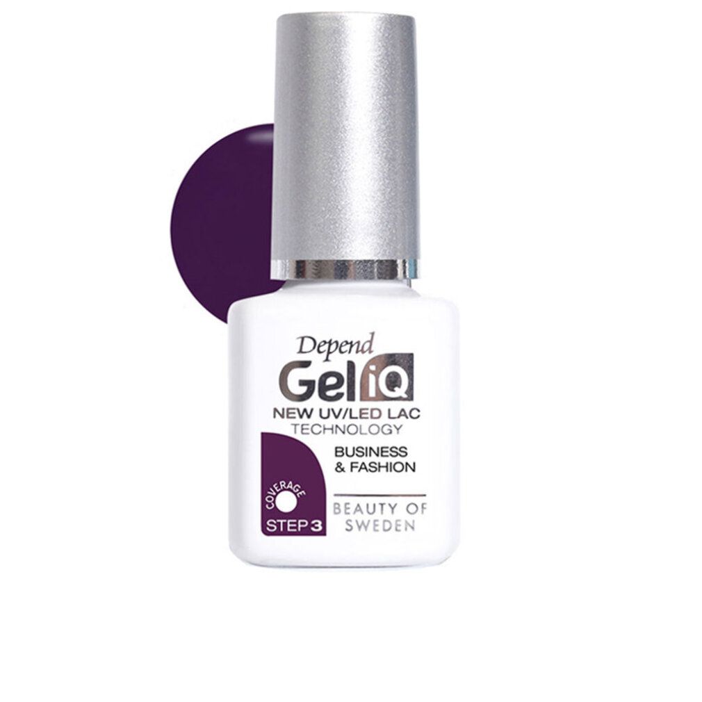 Nagellackflasche mit silbernem Deckel. Aufschrift: Geliq, Business & Fashion, Step 3. Farbkreis.
