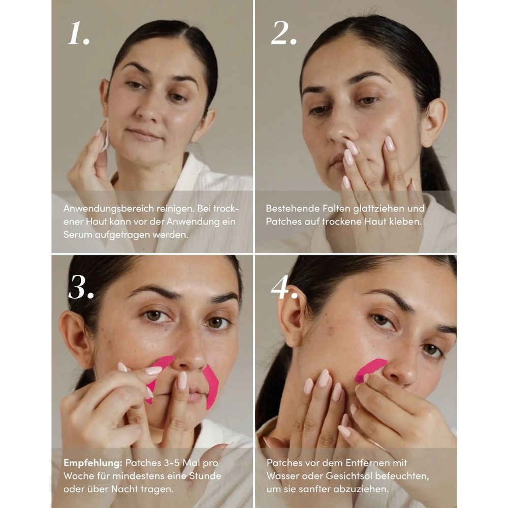 Anleitung zur Anwendung von Mund Patches. 4 Schritte. Reinigung, Auftragen, Positionierung, Entfernung.