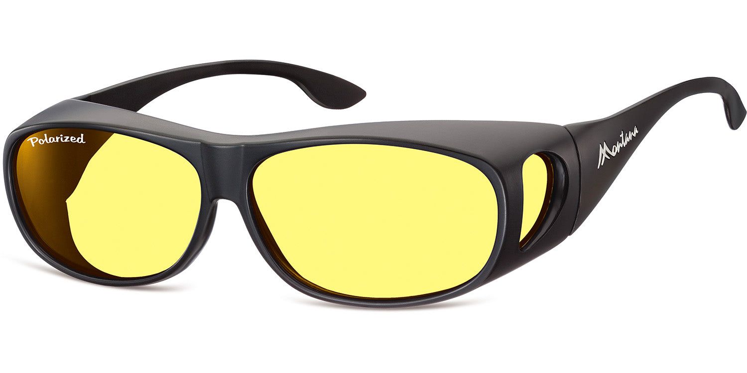 Sonnen-Überbrille mit gelben Gläsern und schwarzem Rahmen. Auf dem Glas steht "Polarized".
