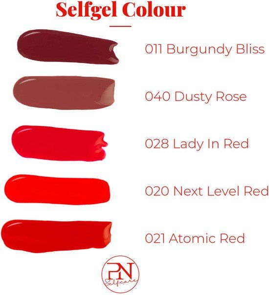 Farbpalette mit Nagellackfarben. Farben: 011 Burgundy Bliss, 040 Dusty Rose, 028 Lady In Red, 020 Next Level Red, 021 Atomic Red.