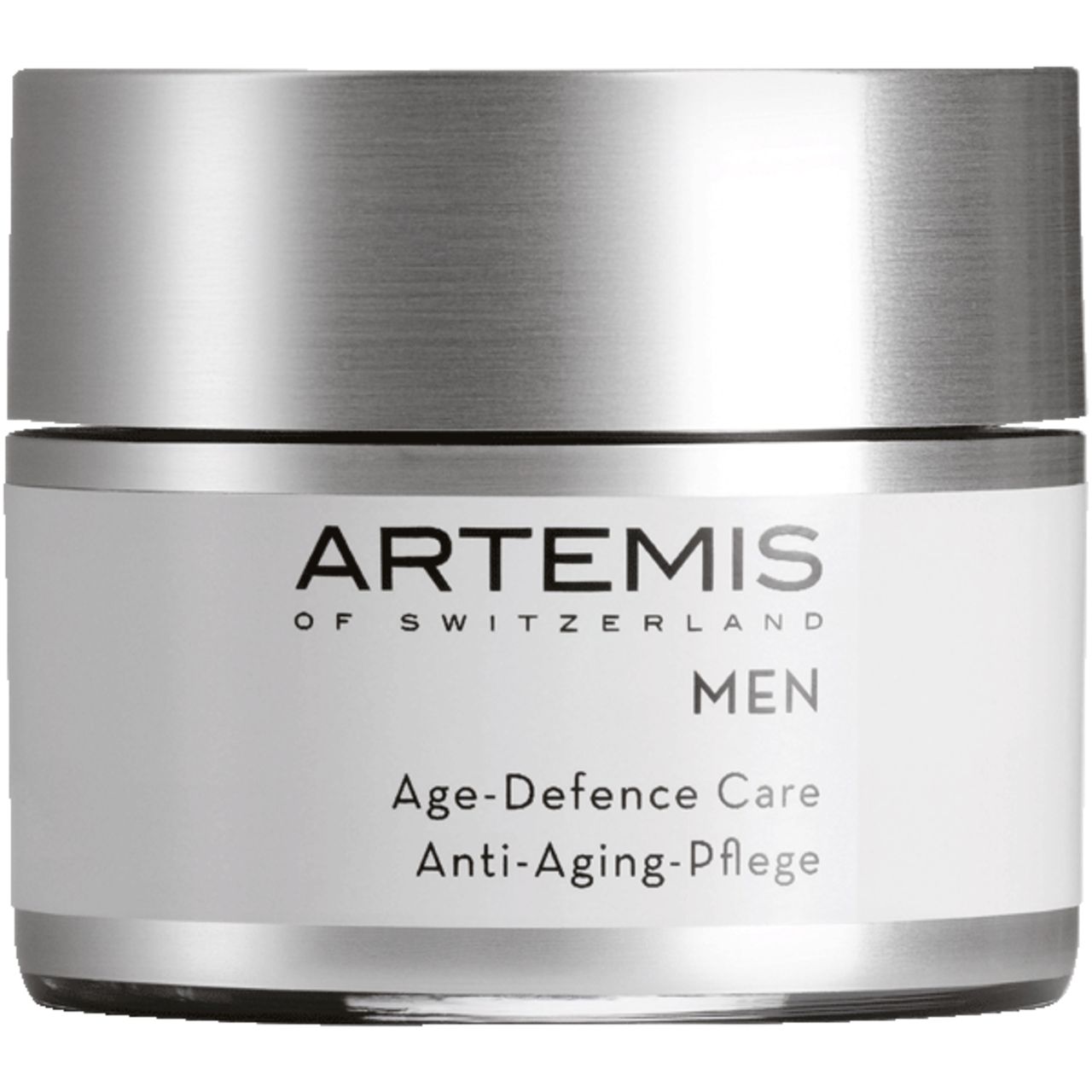 Creme-Tiegel mit silberfarbenem Deckel. Aufschrift: ARTEMIS OF SWITZERLAND MEN Age-Defence Care Anti-Aging-Pflege.