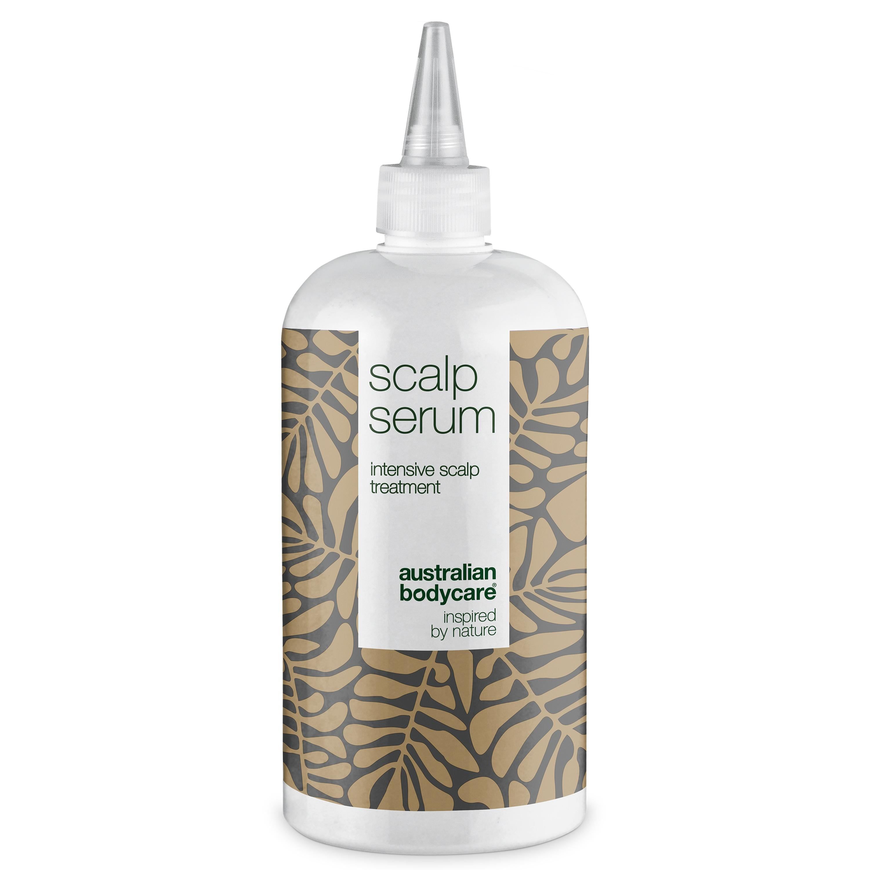 Weißes Fläschchen mit Applikator. Aufschrift: Scalp Serum, intensive scalp treatment. Marke: Australian Bodycare.