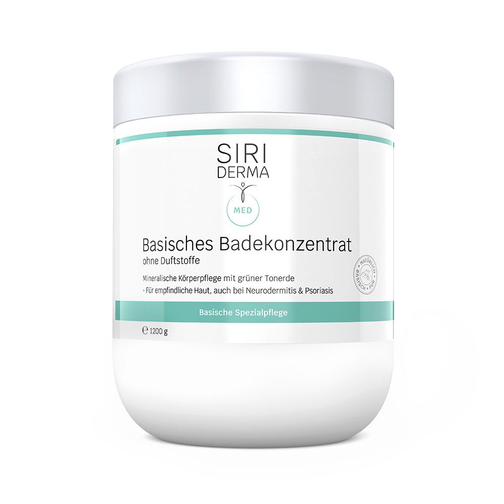 Weißer Behälter mit Deckel. Aufschrift: SIRIDERMA, Basisches Badekonzentrat. Mit grüner Tönung und Qualitätszeichen.