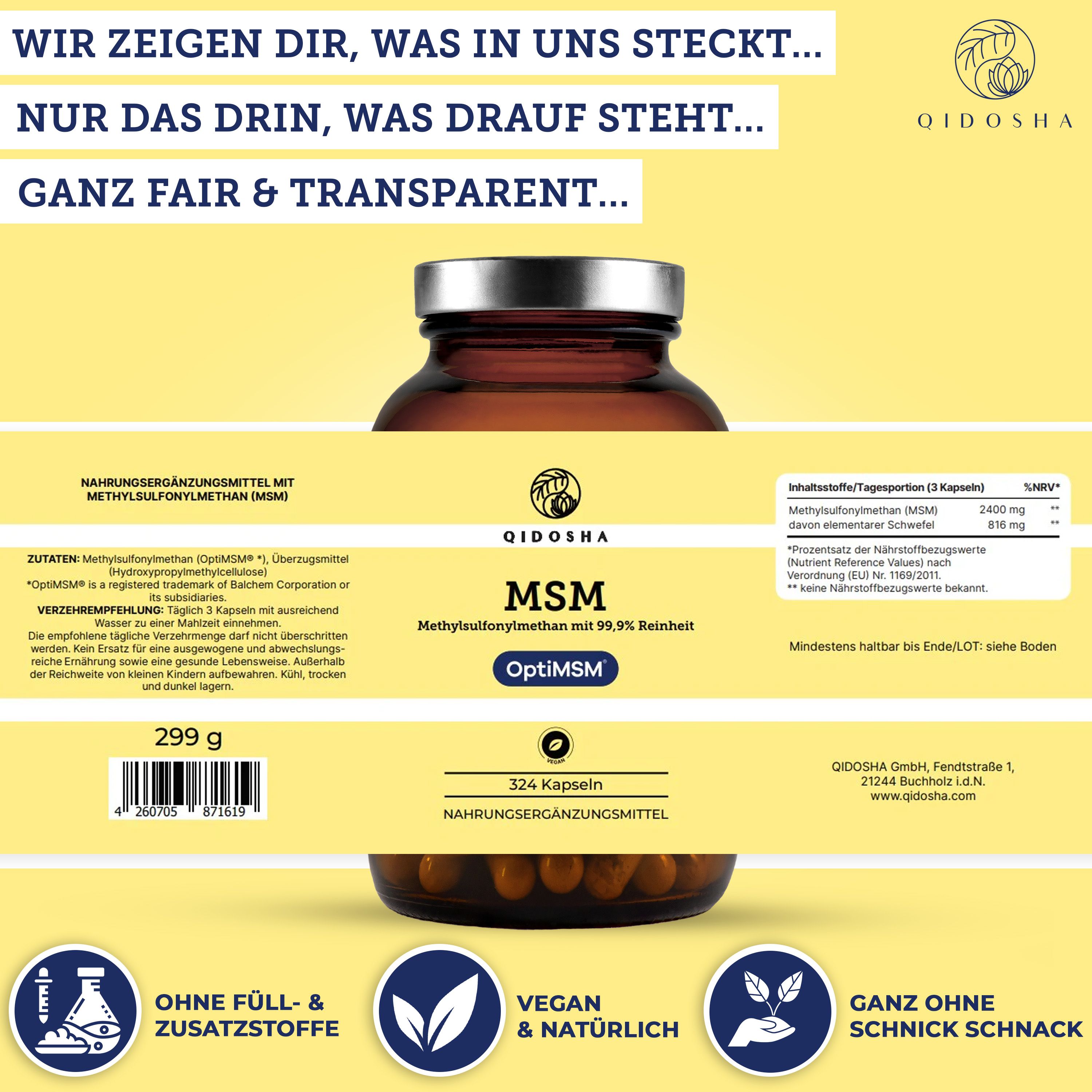 Produktflasche mit Etikett: QIDOSHA, MSM, OptiMSM®, 324 Kapseln. Text: Ohne Füllstoffe, vegan & natürlich, ohne Schnickschnack. 299g.