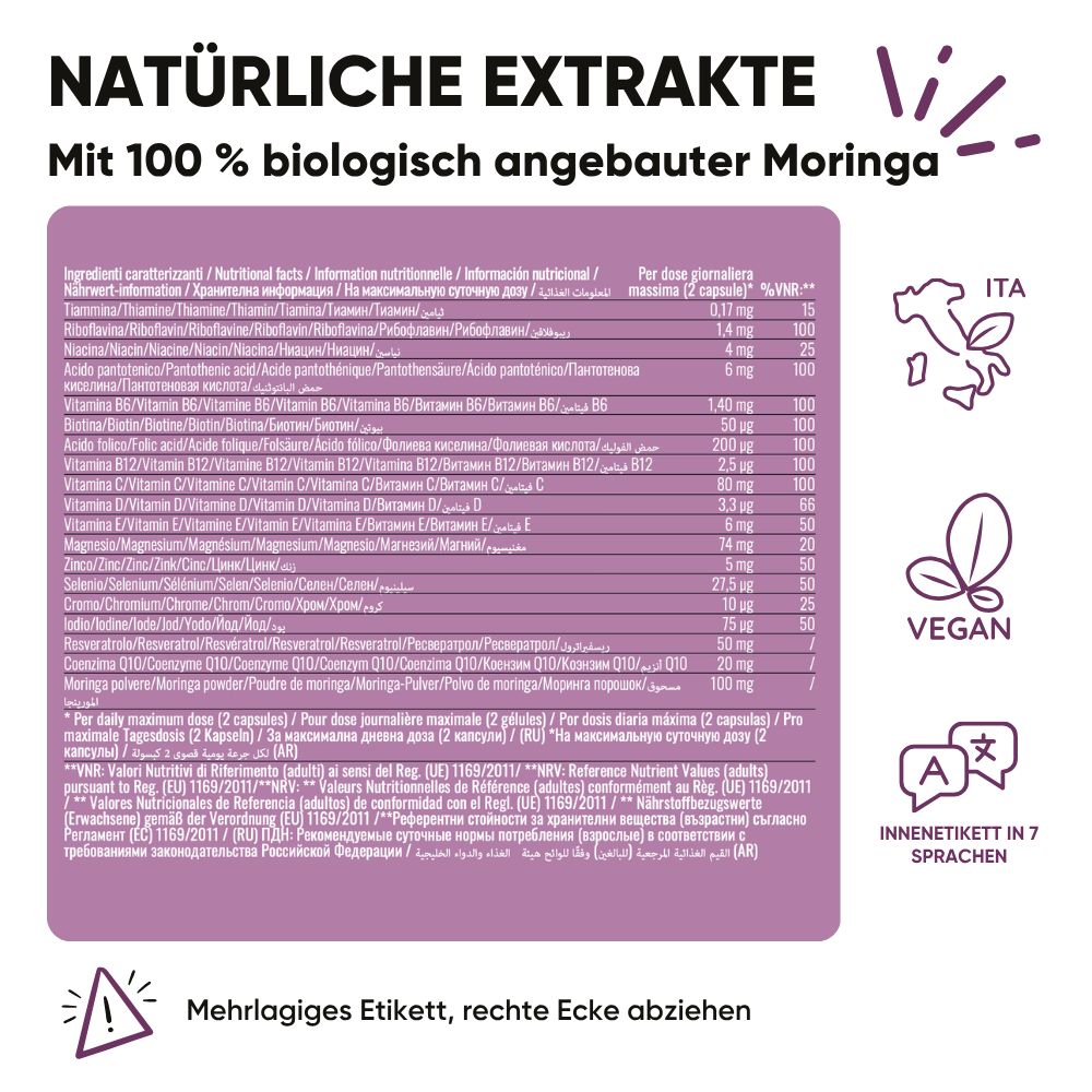 Frau hält eine Flasche "Moringa Fertility per Lei". Kleine Kapseln, 20 mg Coenzym Q10.