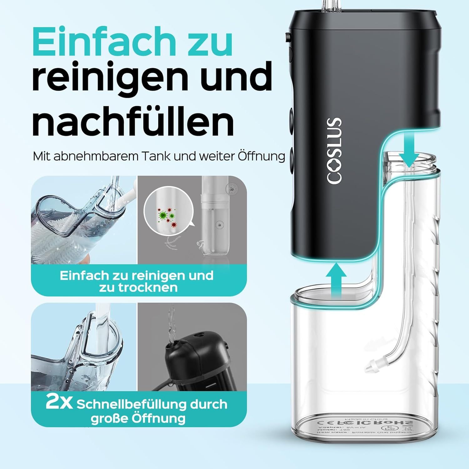 COSLUS Munddusche, zerlegt. Abnehmbarer Tank, große Öffnung. Text: Einfach zu reinigen und nachzufüllen.