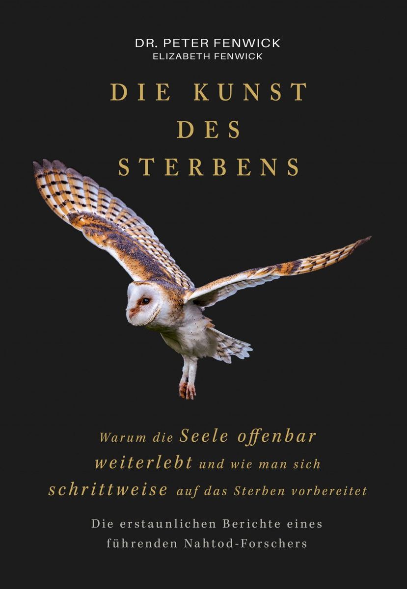 Buchcover: "Die Kunst des Sterbens". Titel und Autoren in Gold auf schwarzem Hintergrund. Eule im Flug.