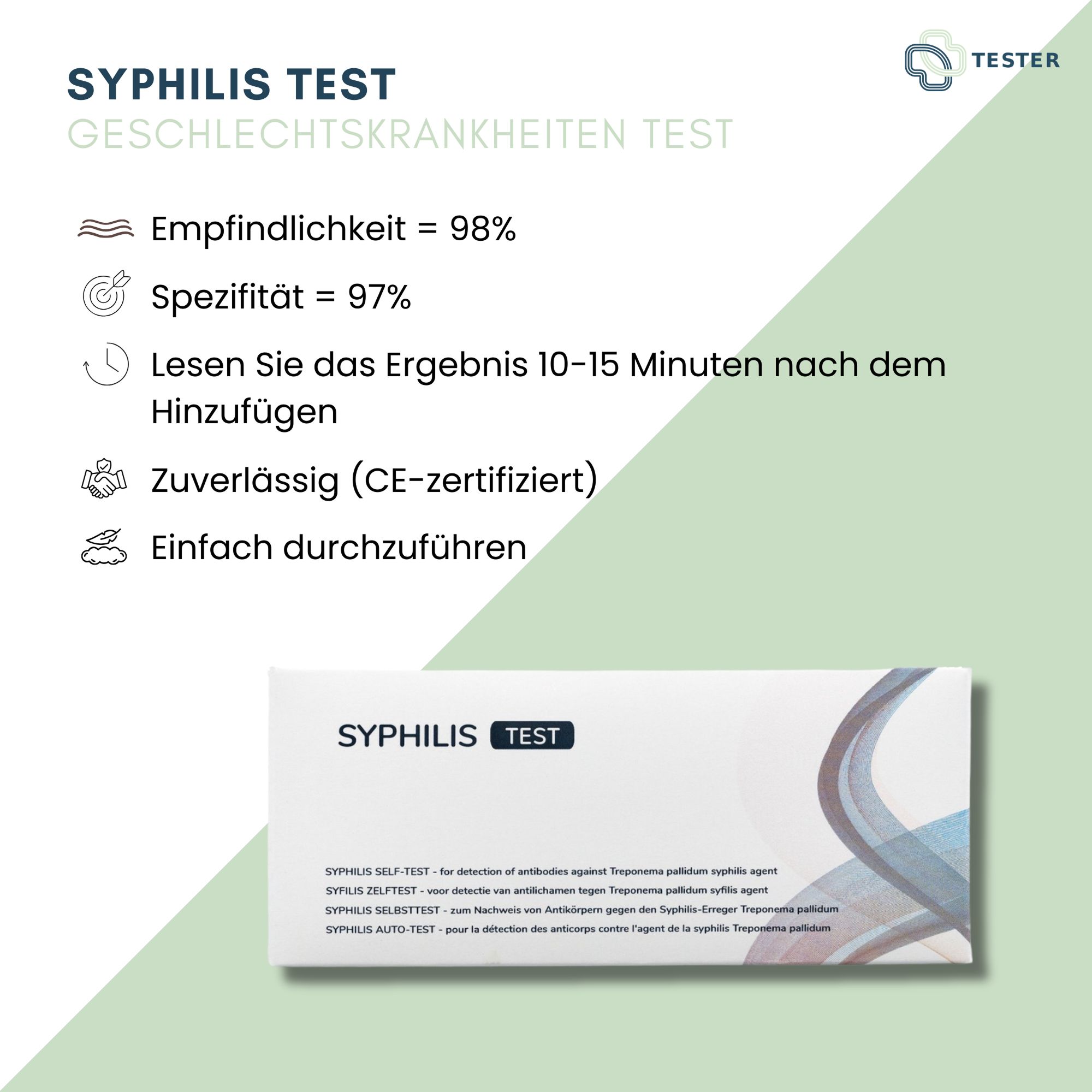 Infografik mit "SYPHILIS TEST"-Verpackung. Sensitivität und Spezifität. CE-Zertifizierung. Grünlicher Hintergrund.