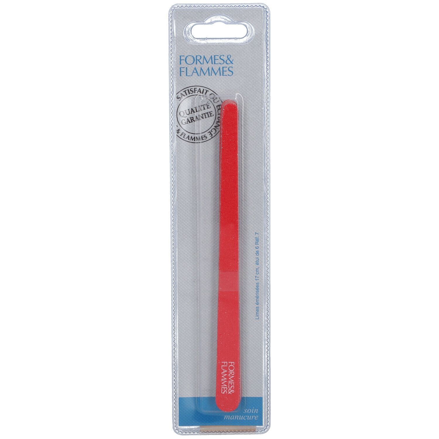 Rote Nagelfeile in Blisterverpackung. Marke: Formes & Flammes. Mit Qualitätsgarantie-Siegel.