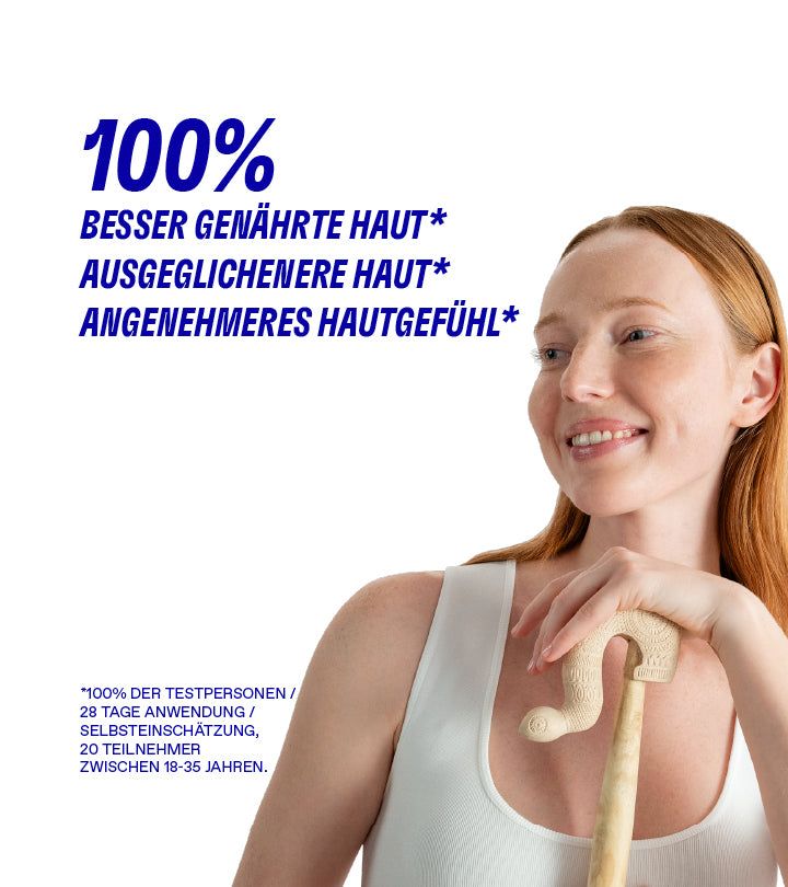 Frau lächelt. Text: 100% BESSER GENÄHRTE HAUT, AUSGEGLICHENERE HAUT, ANGENEHMERES HAUTGEFÜHL. Text über Testpersonen.