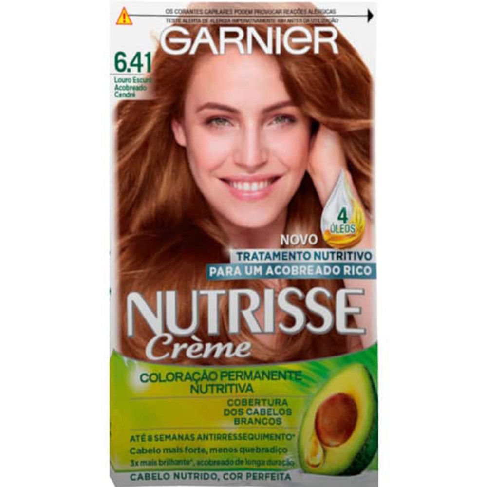 Haarfarbepackung mit Garnier Nutrisse Crème. Aufdrucke: 6.41, Louro Escuro Acobreado Cendre, 4 Öle, permanente Coloration, deckt graue Haare ab.