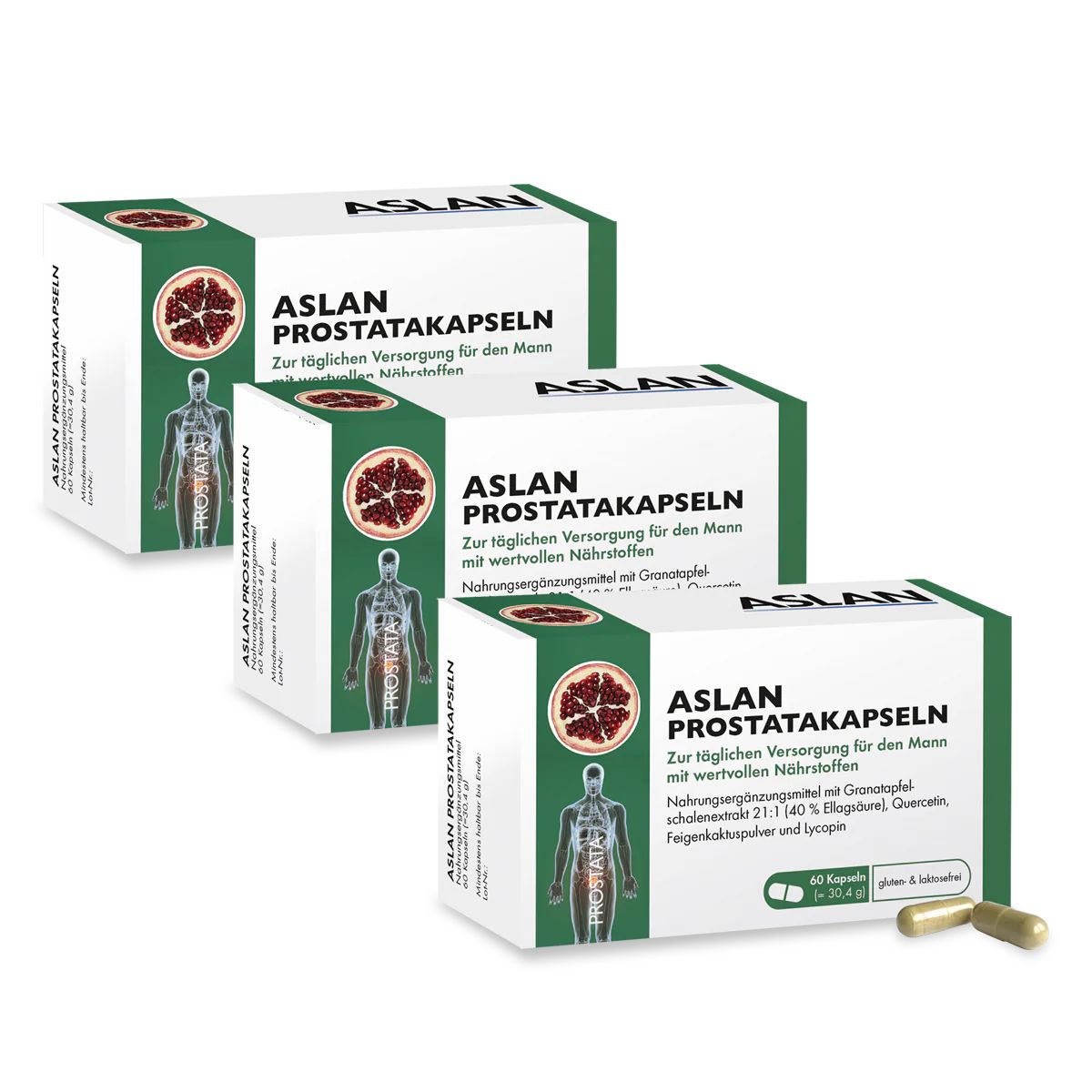 Drei Packungen ASLAN Prostata-Kapseln mit Granatapfel-Motiv und Männer-Silhouette.