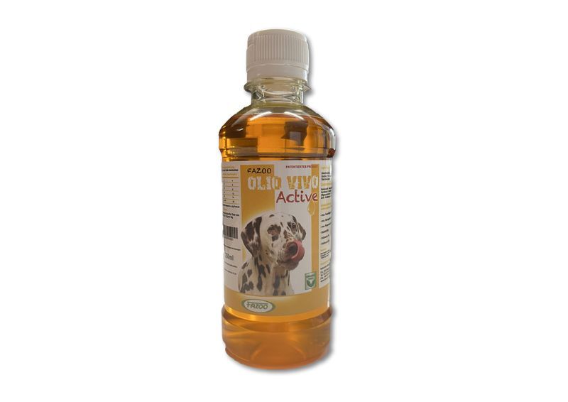 Flasche mit gelblicher Flüssigkeit. Aufkleber mit Hundefoto und Schriftzug Olio Vivo Active.