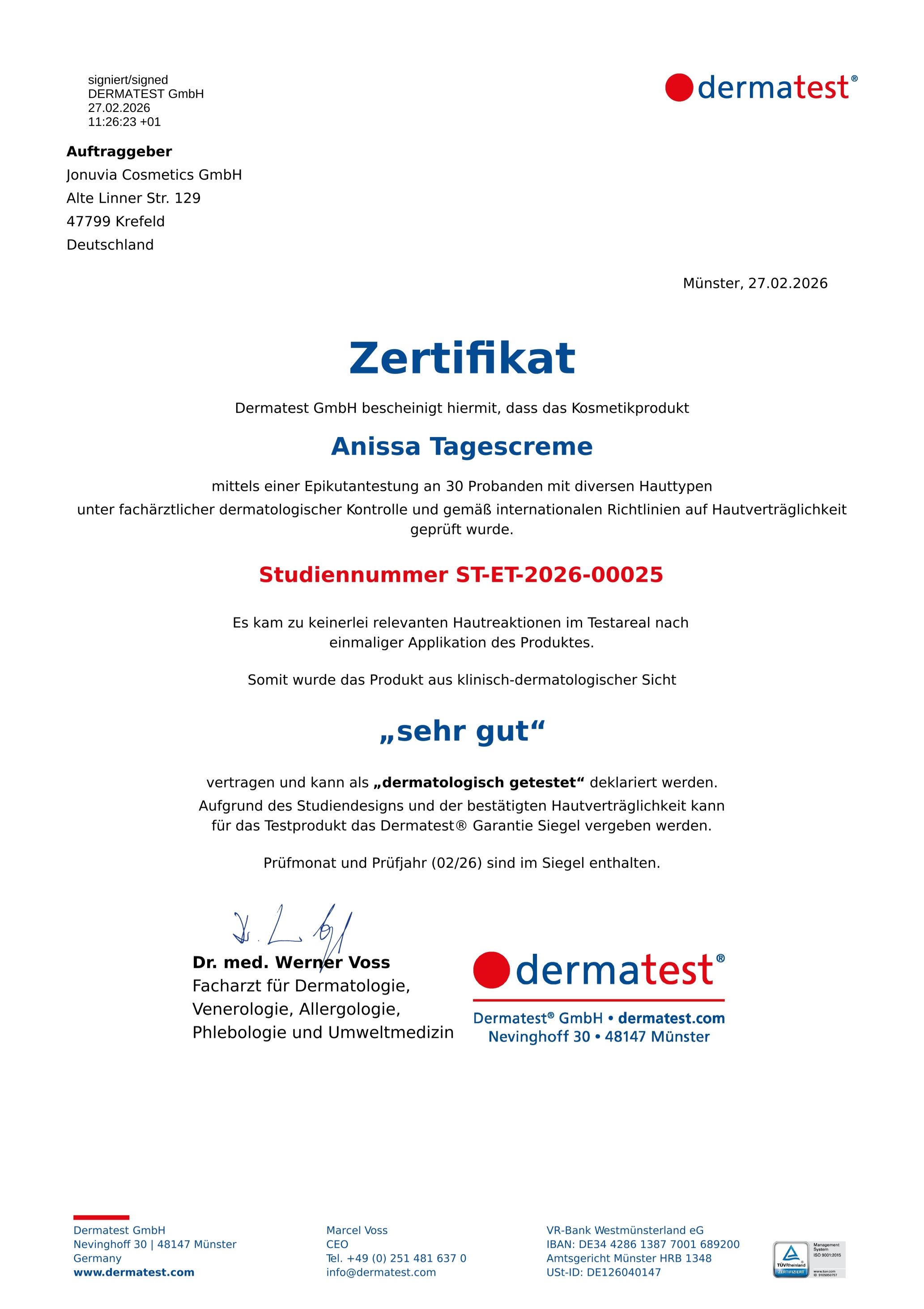 Dermatest Zertifikat für ANISSA Tagescreme mit dem Siegel 'Sehr gut'.