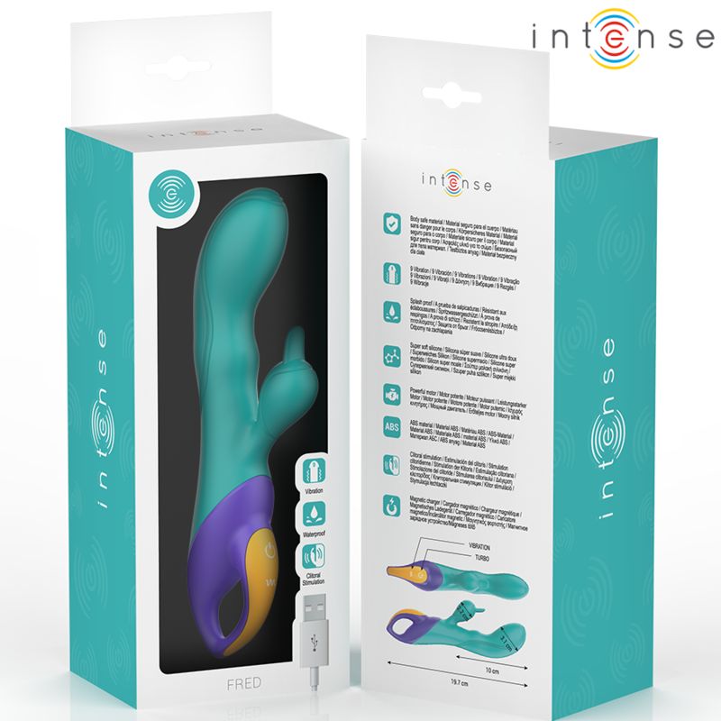 Verpackung mit türkisfarbenem, lila und gelbem Vibrator. Enthält USB-Kabel. Produktname: FRED.