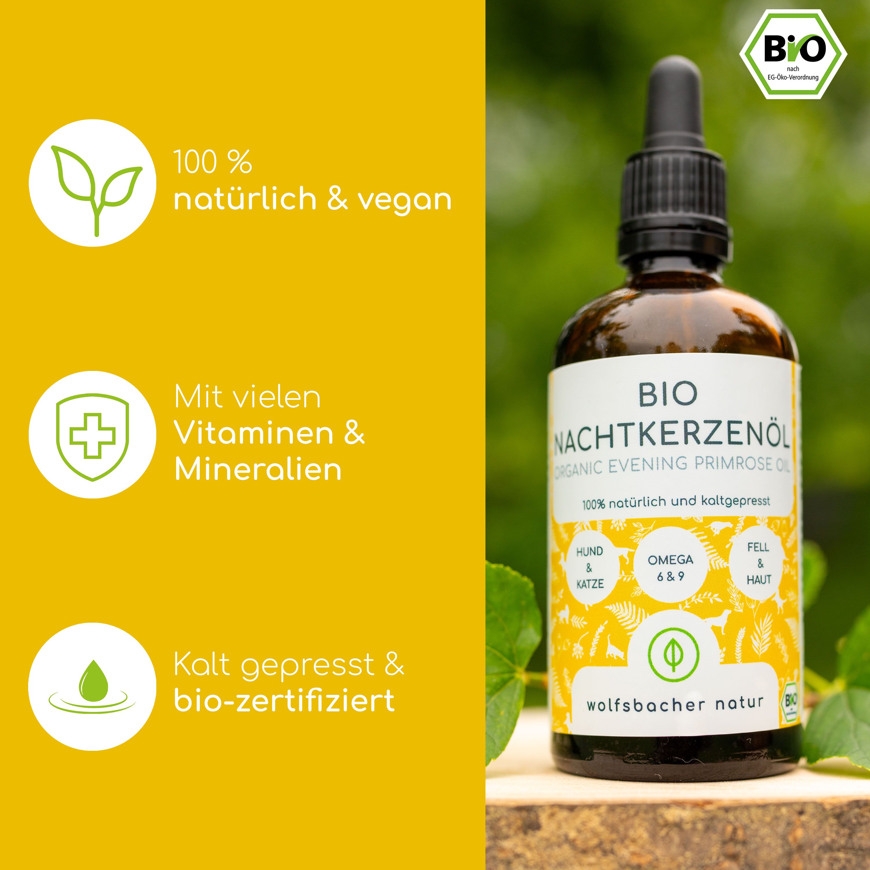 Braune Flasche mit Pipette. Etikett mit Produktinformationen und Bio-Siegel. Grafiken: vegan, Vitamine, kaltgepresst.