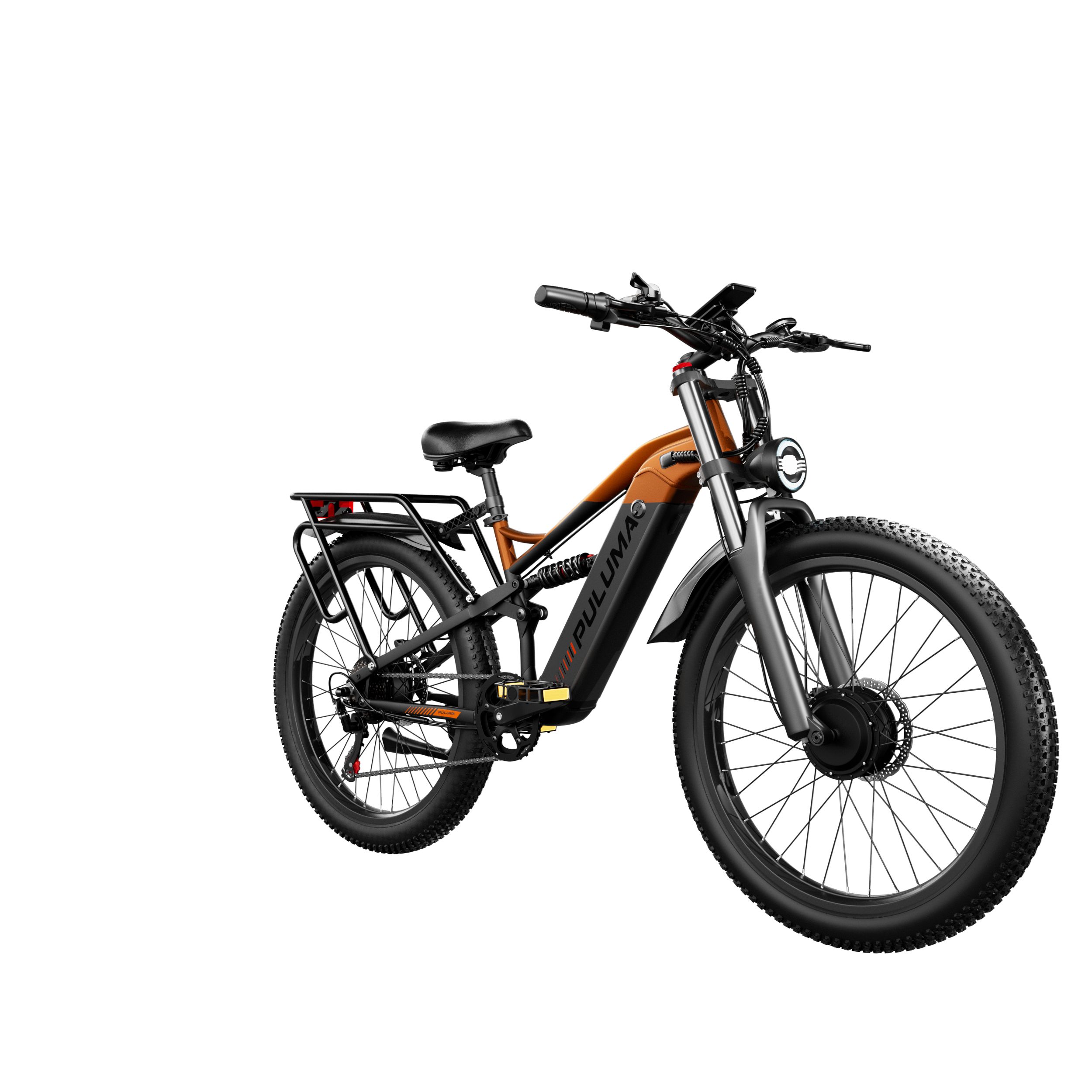 Elektrofahrrad PULUMA PE86 Pro mit Doppelmotor. Orangefarbener Rahmen, schwarze Reifen und Gepäckträger. Frontansicht.