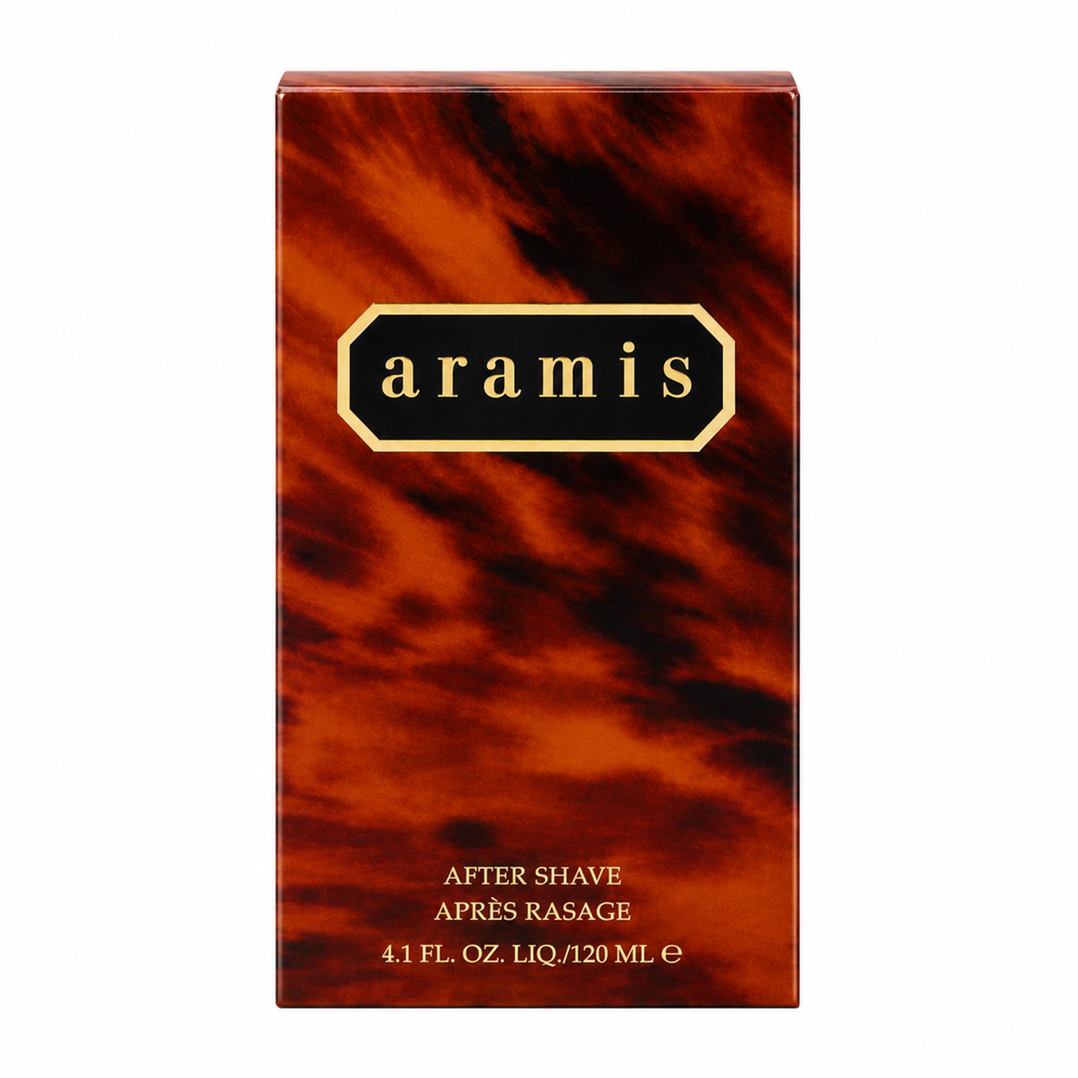 Aramis After Shave-Verpackung. Rechteckige Schachtel mit braunem, marmoriertem Muster. Aramis-Logo und Produktbezeichnung.
