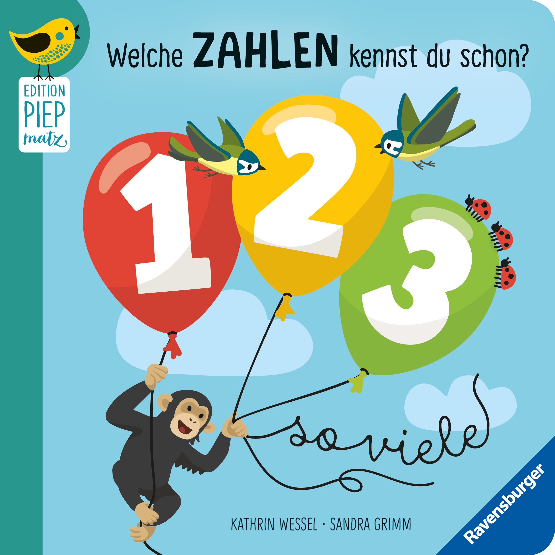 Buchcover: Rote, gelbe, grüne Ballons mit Zahlen 1, 2, 3. Affe hält Ballons. Titel: Welche Zahlen kennst du schon? Ravensburger.
