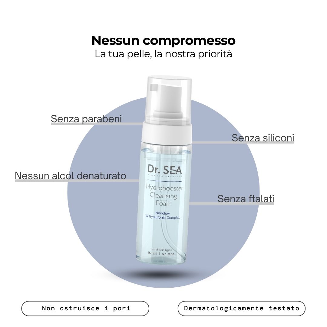 Flacone del prodotto con testo. Testo: Nessun compromesso, la tua pelle, la nostra priorità. Senza parabeni, siliconi, alcool denaturato, ftalati.