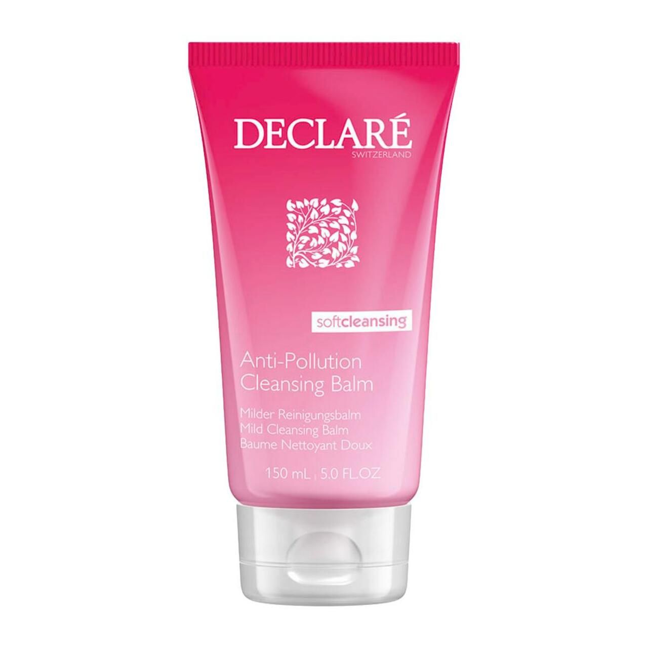 Rosa Tube mit weißem Deckel. DECLARÉ-Logo und Produktbezeichnung. Text: Anti-Pollution Cleansing Balm, 150 ml.