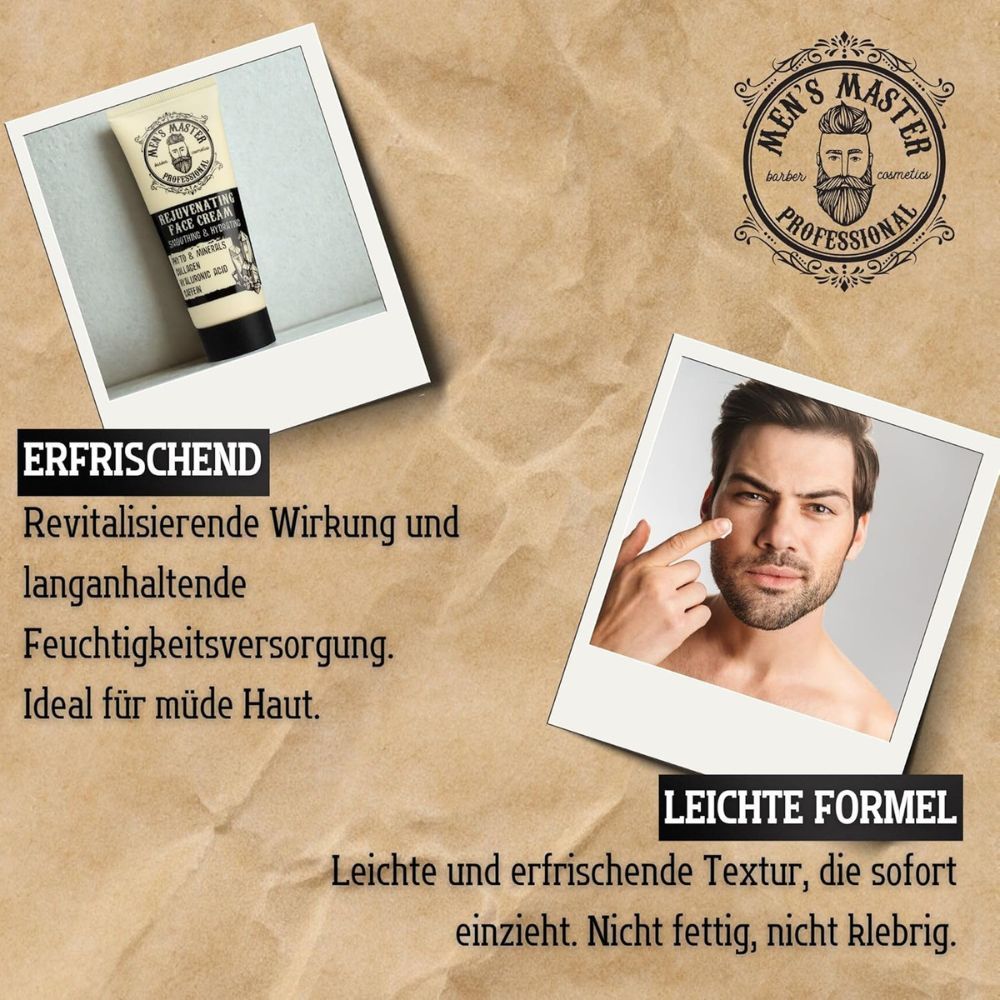 Zwei Fotos. Creme-Tube. Aufschrift: Men's Master Professional. Text: Erfrischend, leichte Formel. Mann trägt Creme auf.