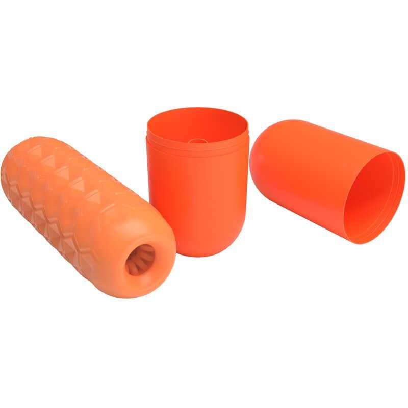 Orangener Masturbator mit abnehmbaren Teilen. Zylindrische Form mit texturierter Oberfläche und Öffnung. Zwei orangefarbene Hüllen.