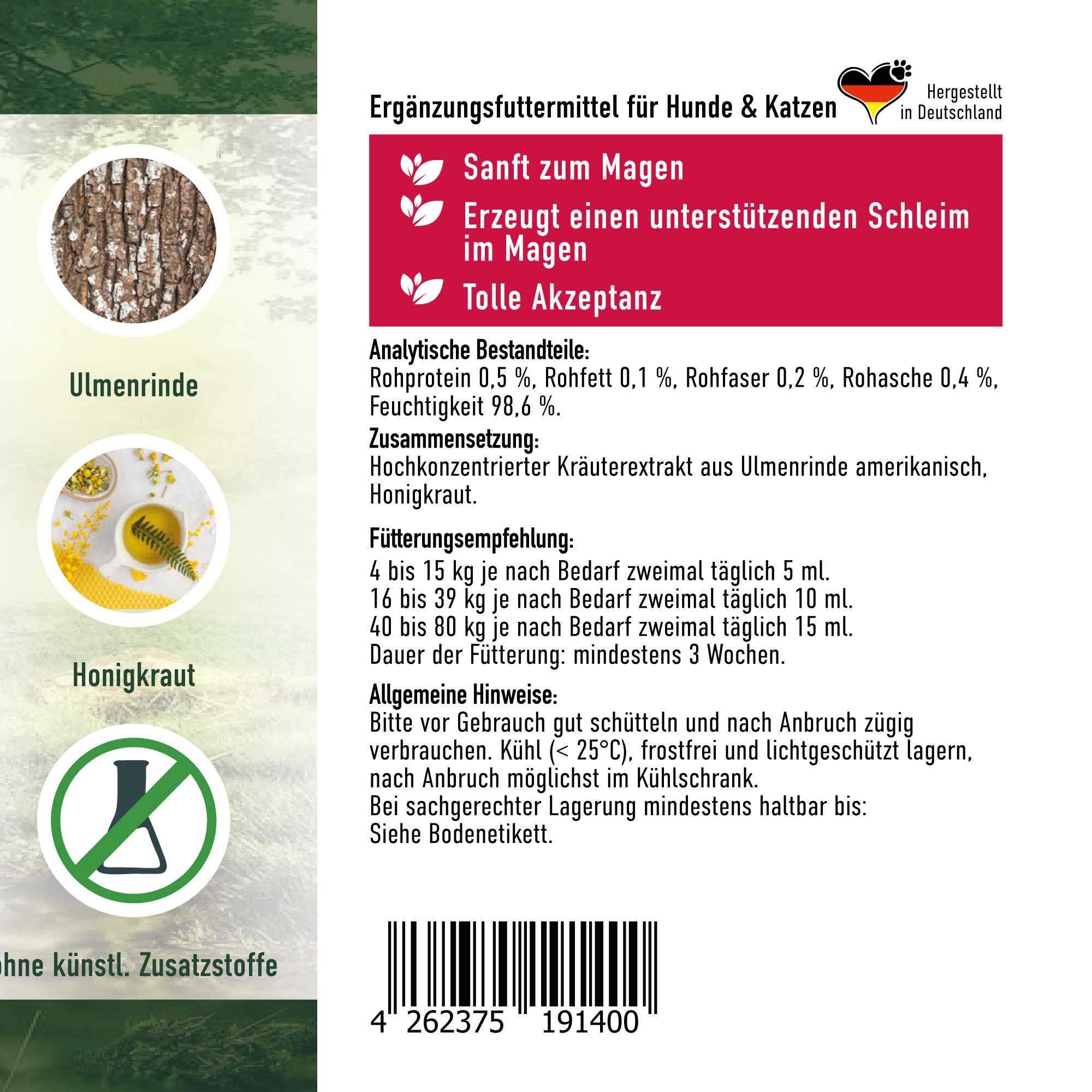 Etikett mit Produktinformationen. Text: Ergänzungsfuttermittel für Hunde & Katzen, Ulmenrinde, Honigkraut, Analytische Bestandteile, etc.