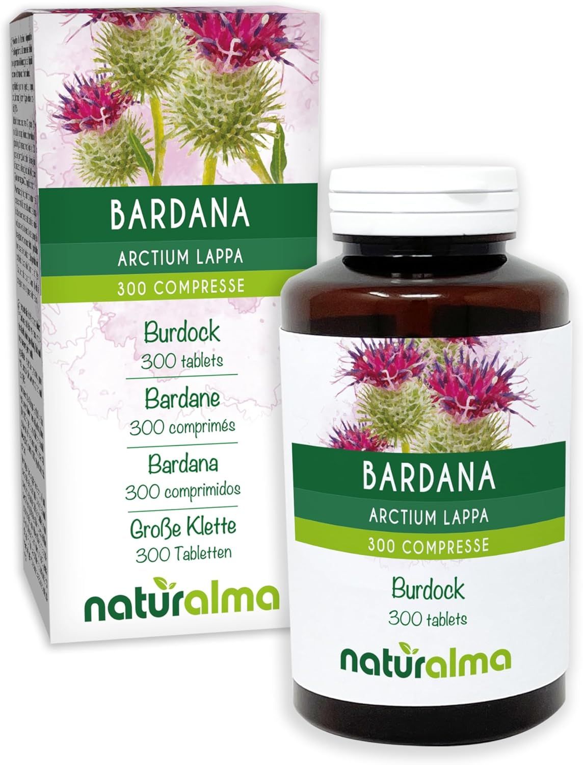 Produktverpackung mit Tablettenflasche. Text: Bardana Arctium lappa 300 compresse. Naturalma.