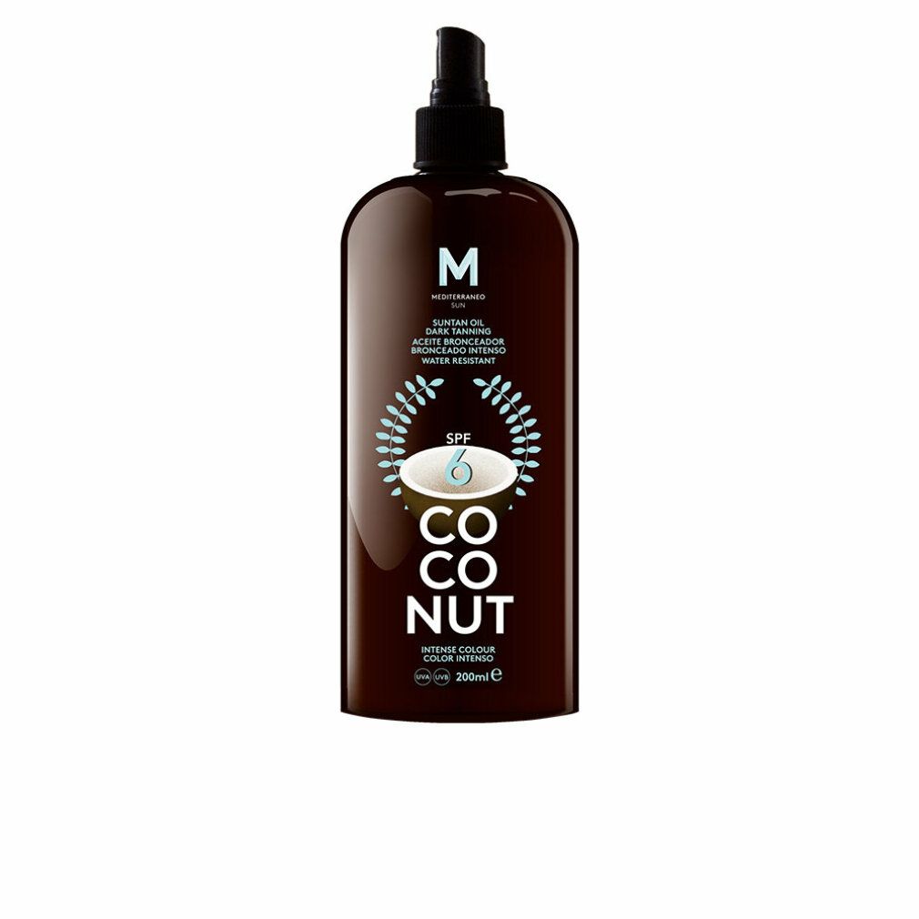 Braune Flasche mit Sprühkopf. Aufschrift: M, Suntan Oil, Coconut, SPF 6. Wasserfest. 200ml.