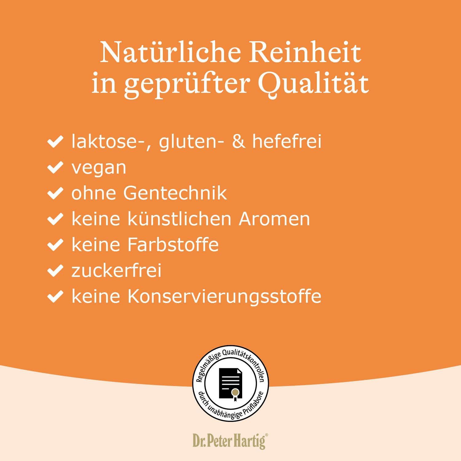 Text: Natürliche Reinheit in geprüfter Qualität. Liste: laktose-, gluten- & hefefrei, vegan, ohne Gentechnik, keine künstlichen Aromen, keine Farbstoffe, zuckerfrei, keine Konservierungsstoffe.
