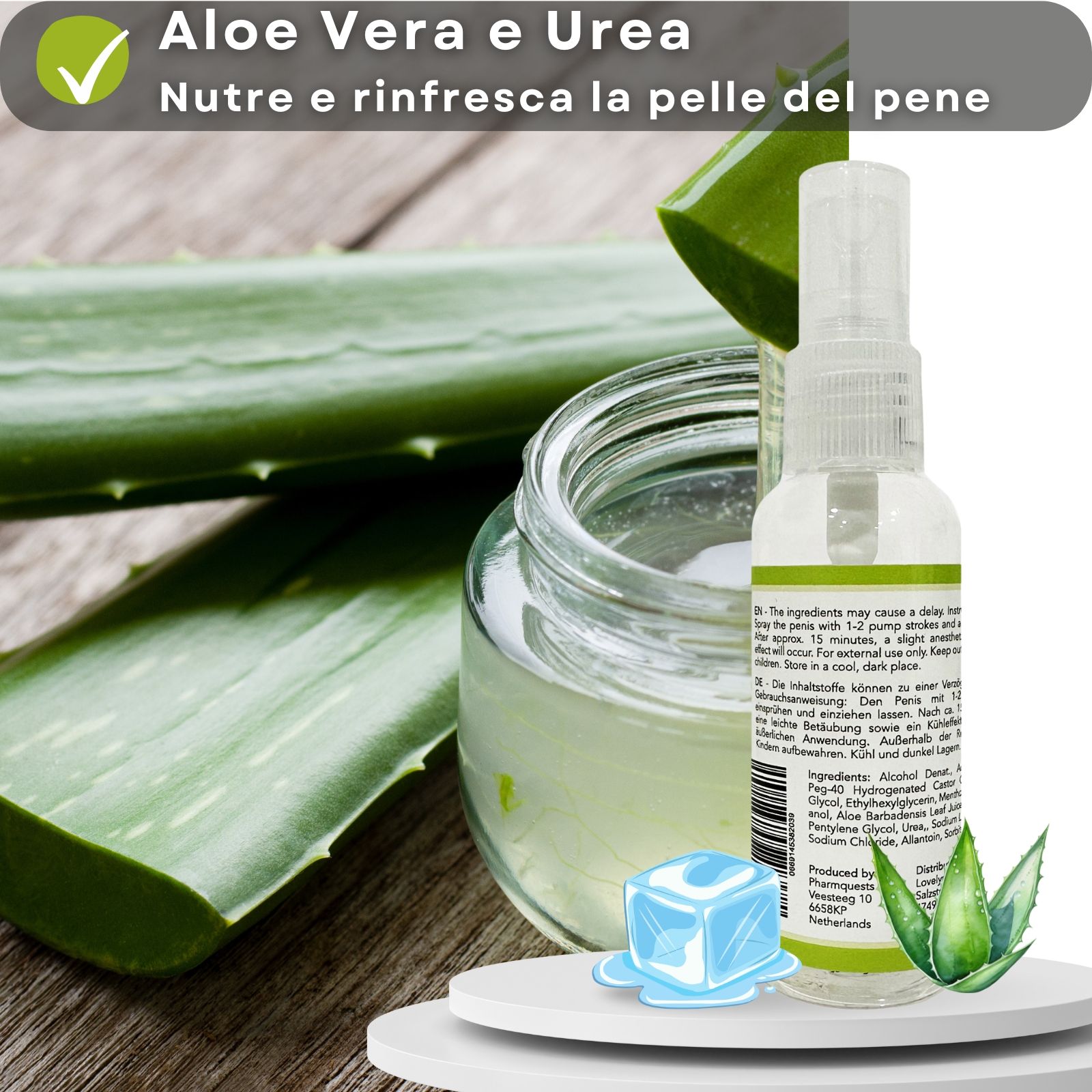 Flacone spray. Testo: Delay Spray, For Longer Pleasure. Aloe vera, cubetto di ghiaccio e crema. Testo: Con aloe vera e urea.