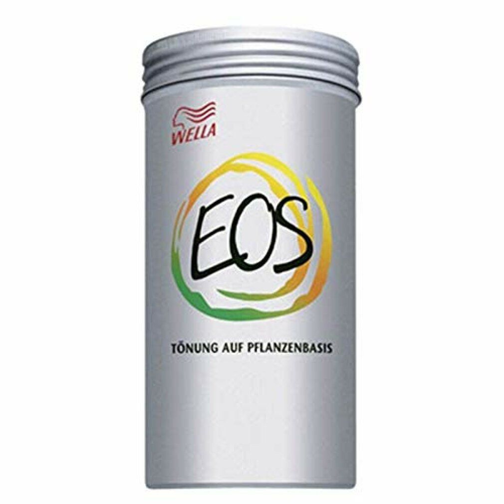 Zylindrische Dose mit Deckel. Aufschrift: Wella, EOS, Tönung auf Pflanzenbasis. Gelb-grünes Logo.