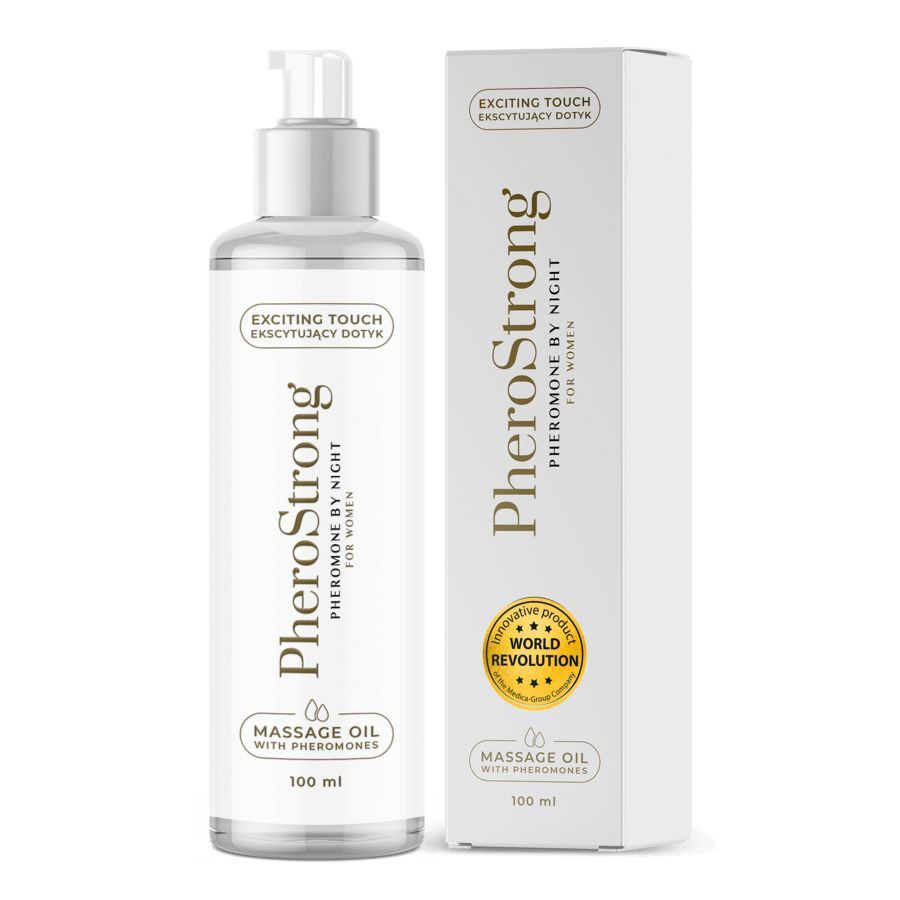 Massageöl-Flasche mit Dosierpumpe und Verpackung. Aufschrift: PheroStrong by Night für Frauen. 100 ml.