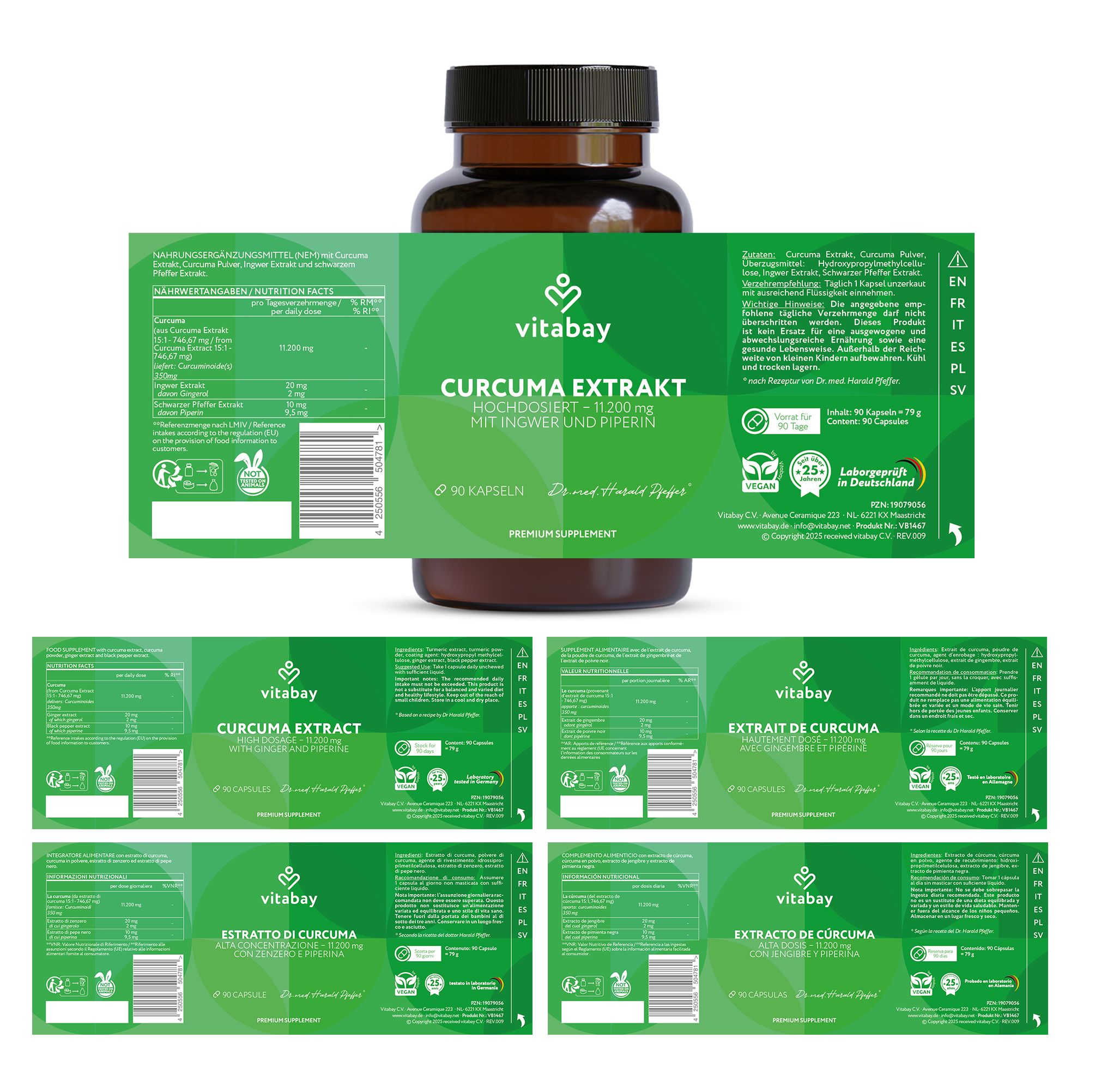 Braune Glasflasche mit grüner Beschriftung. Text: Curcuma Extrakt, 90 Kapseln. Mehrere Etiketten mit Produktinformationen.