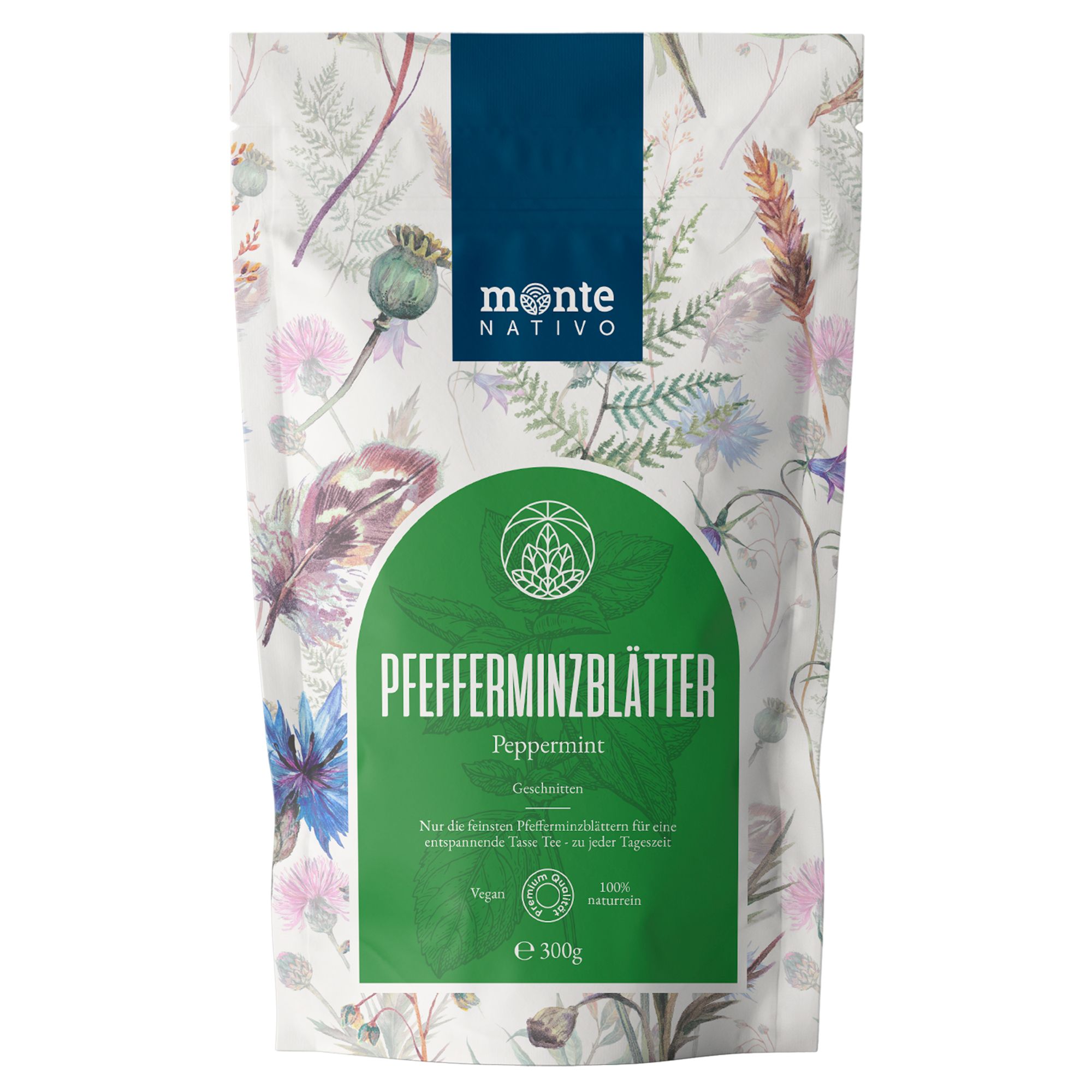 Monte Nativo Pfefferminzblätter Tee, 300g Beutel mit floralem Muster. Vegan, 100% natürlich.
