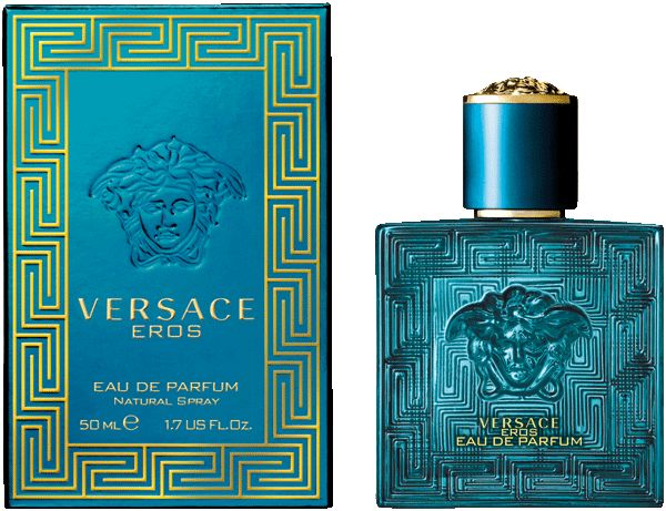 Türkisgrüner Flakon. Aufschrift: Versace Eros Eau de Parfum.