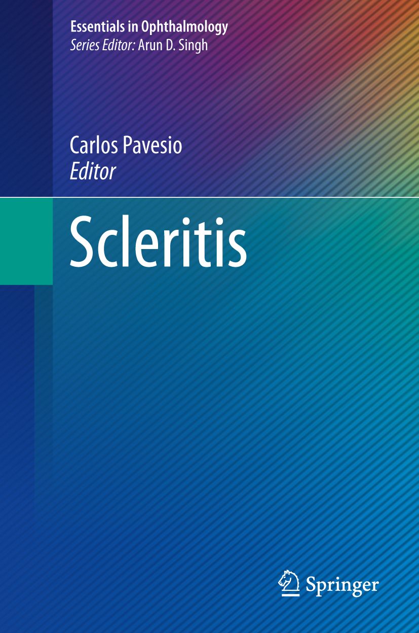 Buchcover mit Titel Scleritis. Reihe Essentials in Ophthalmology. Herausgeber Carlos Pavesio. Verlag Springer.
