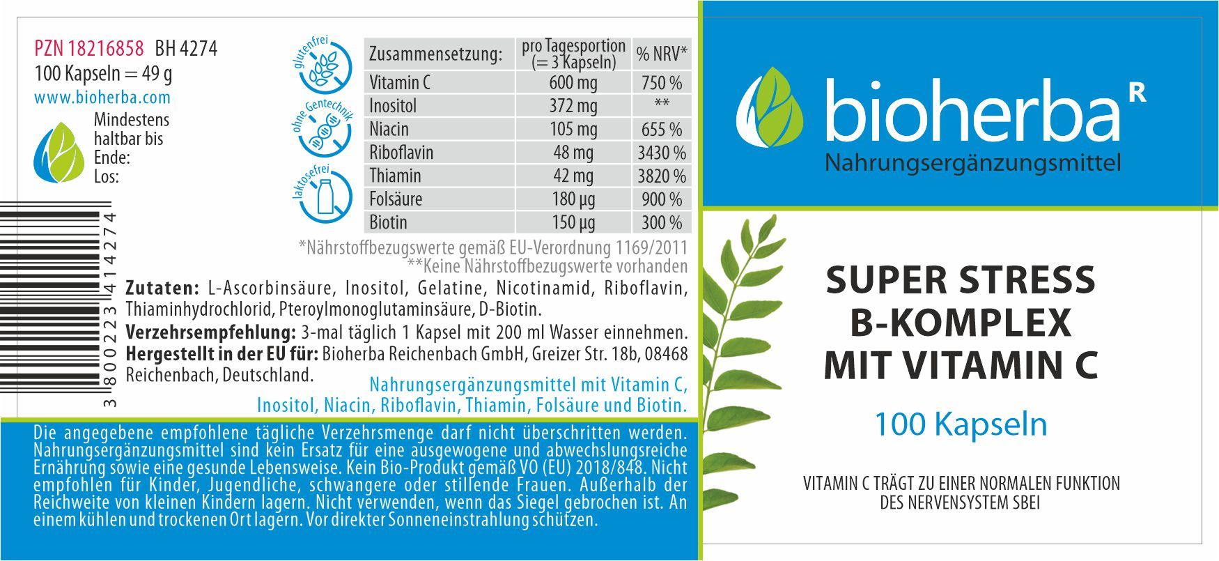 Bioherba Super Stress B-Komplex Mit Vitamin C 100 Kapseln