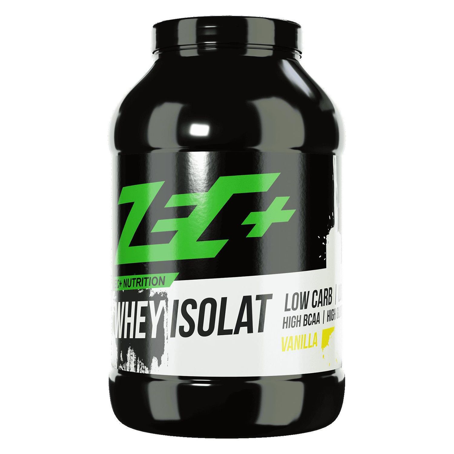 Schwarze Dose mit grünem ZEC+ Logo und "WHEY ISOLAT" Schriftzug. Vanille-Geschmack. Low Carb.