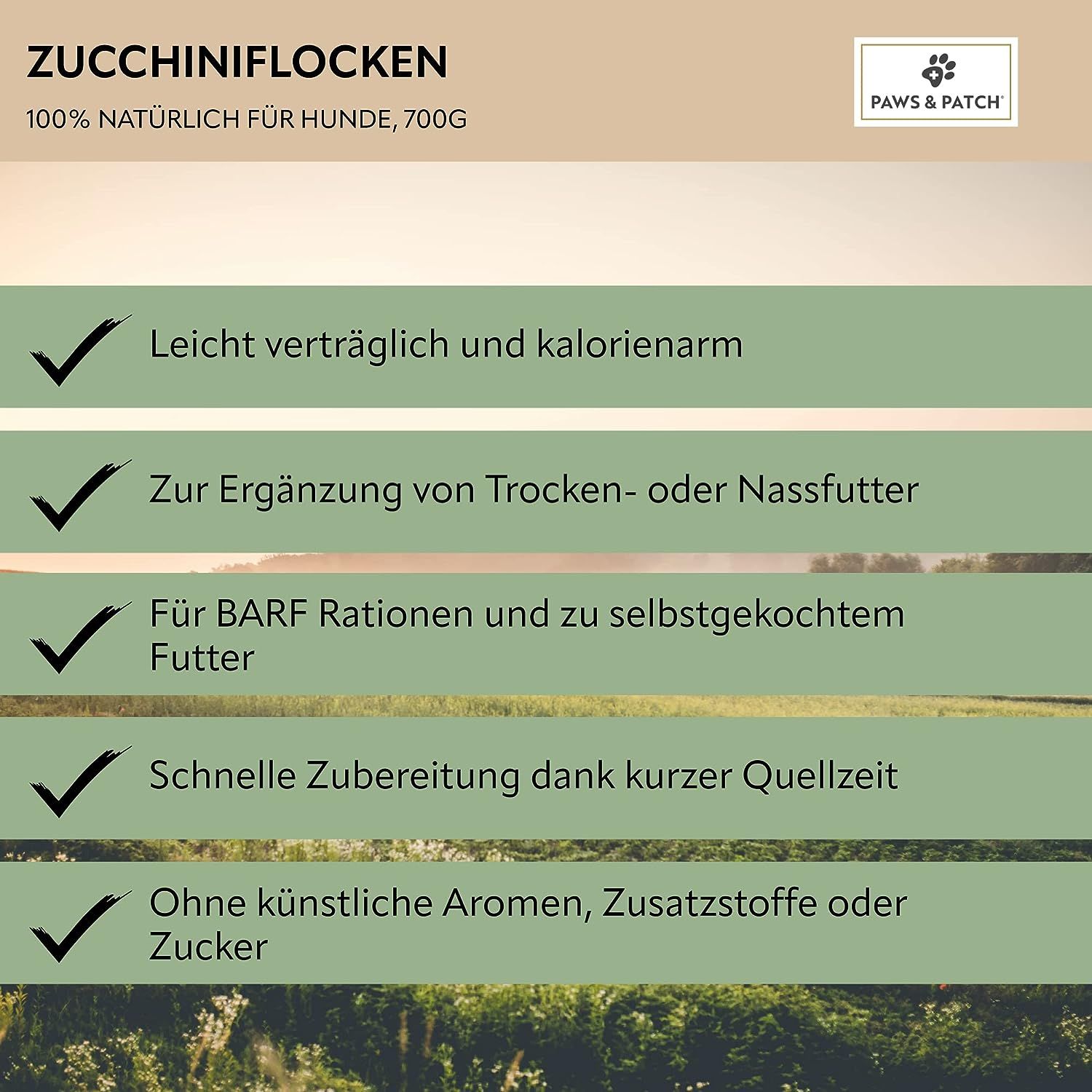 Text mit Vorteilen von Zucchiniflocken: leicht verdaulich, Ergänzung, BARF, schnelle Zubereitung, ohne künstliche Zusätze.