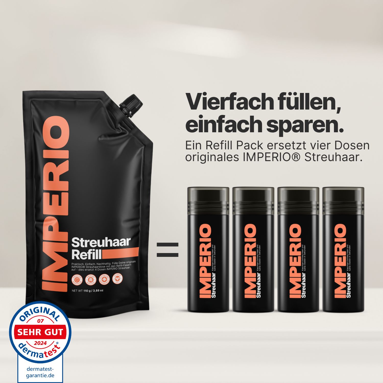 IMPERIO® Streuhaar Refill Pack und drei Dosen Streuhaar. Aufschrift: Vierfach füllen, einfach sparen. Dermatest-Siegel.