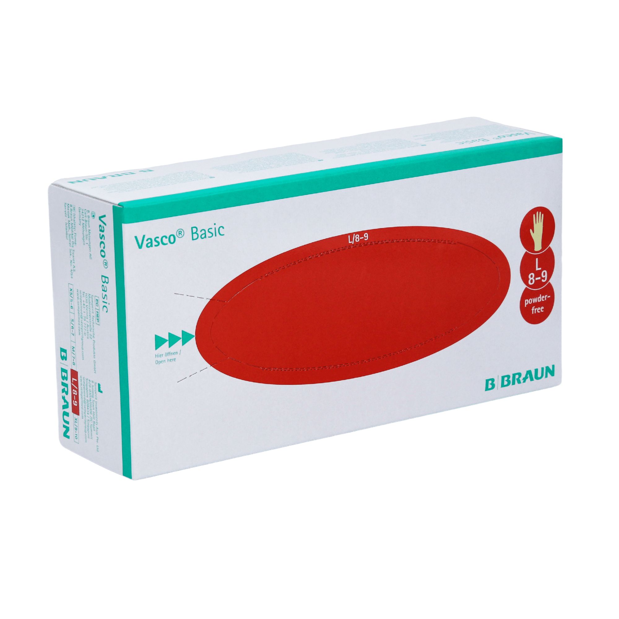 Verpackung von B. Braun Vasco® Basic Untersuchungshandschuhen. Weiß mit grünen Akzenten und rotem Oval. Größe L, puderfrei.