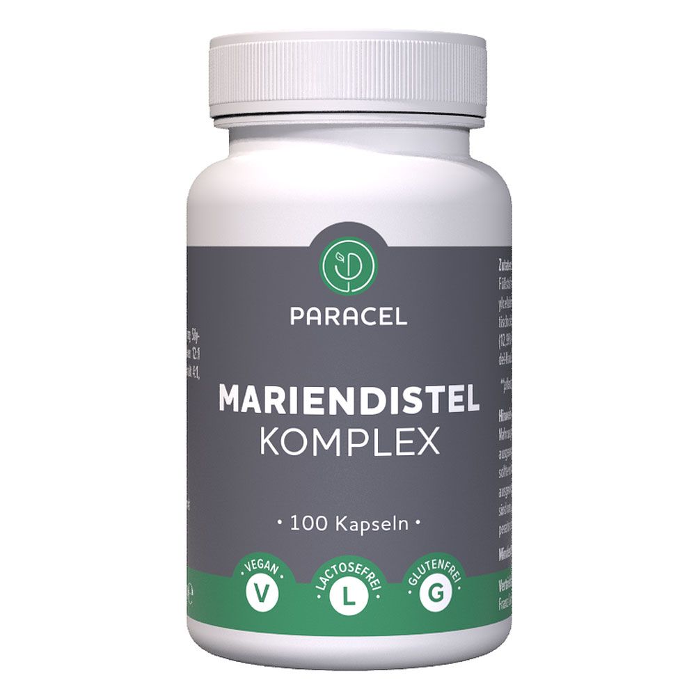 Weiße Flasche mit Schraubverschluss. Aufschrift: Paracel Mariendistel Komplex. 100 Kapseln. Vegan, laktosefrei, glutenfrei.