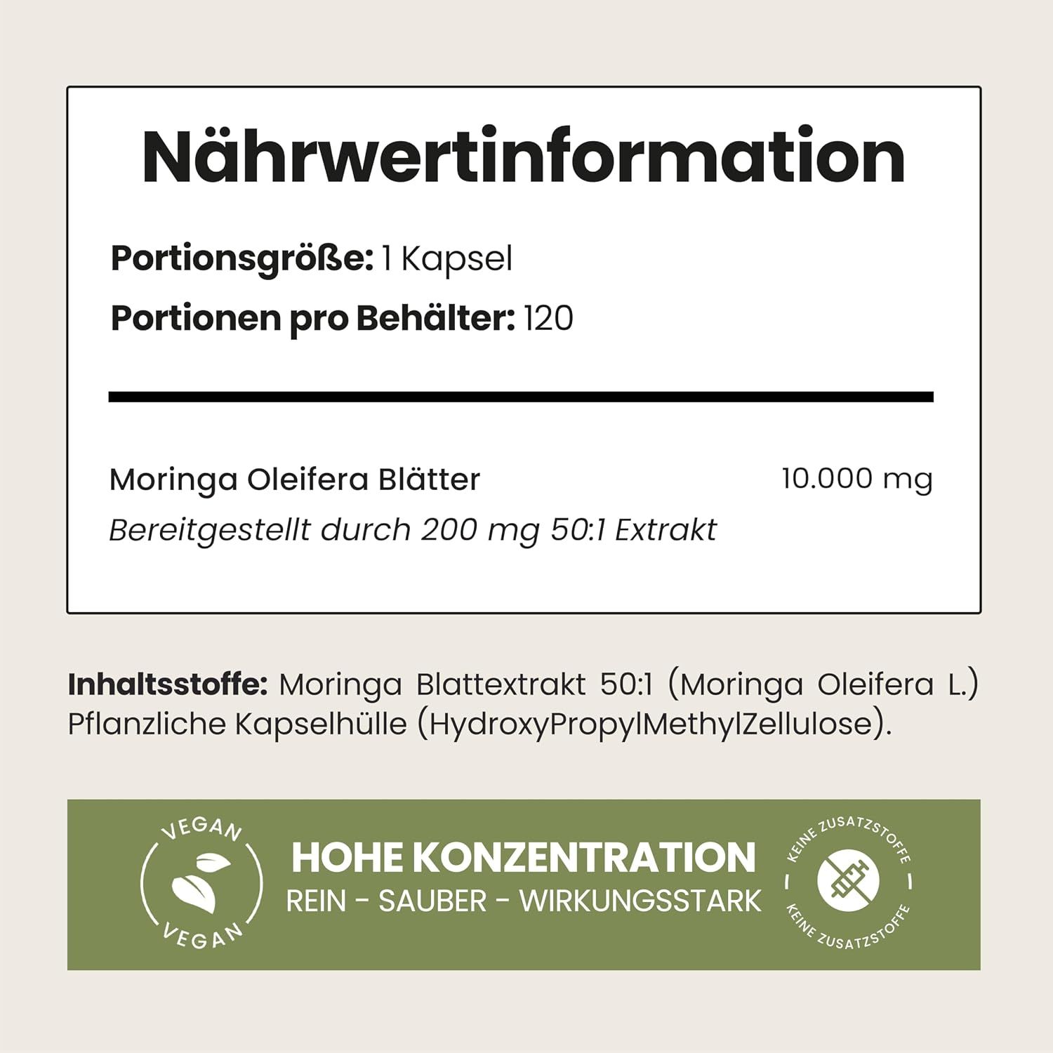 Nahaufnahme der Nährwertinformationen auf einem Etikett für Moringa-Kapseln. Enthält 10.000 mg Extrakt.