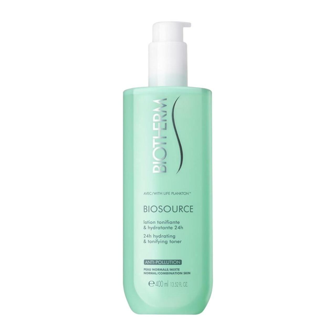 BIOTHERM Biosource Gesichtsreinigung. Grüne Flasche mit weißem Pumpkopf. Text: Biosource, Lotion, Hydratation, für normale Haut.