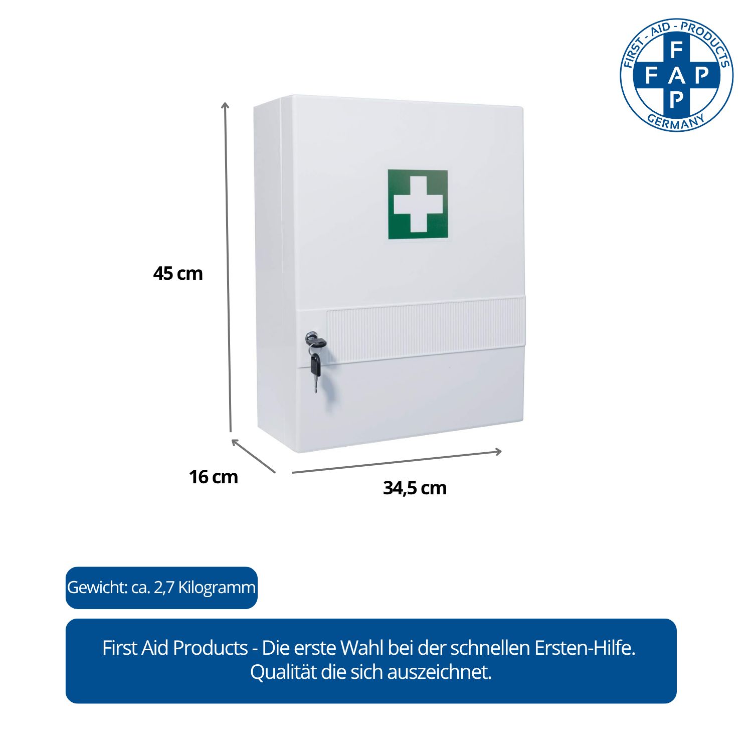 Weißer Verbandschrank mit grünem Kreuz. Maße: 45x34,5x16 cm. Gewicht ca. 2,7 kg. FAP First Aid Products Logo.