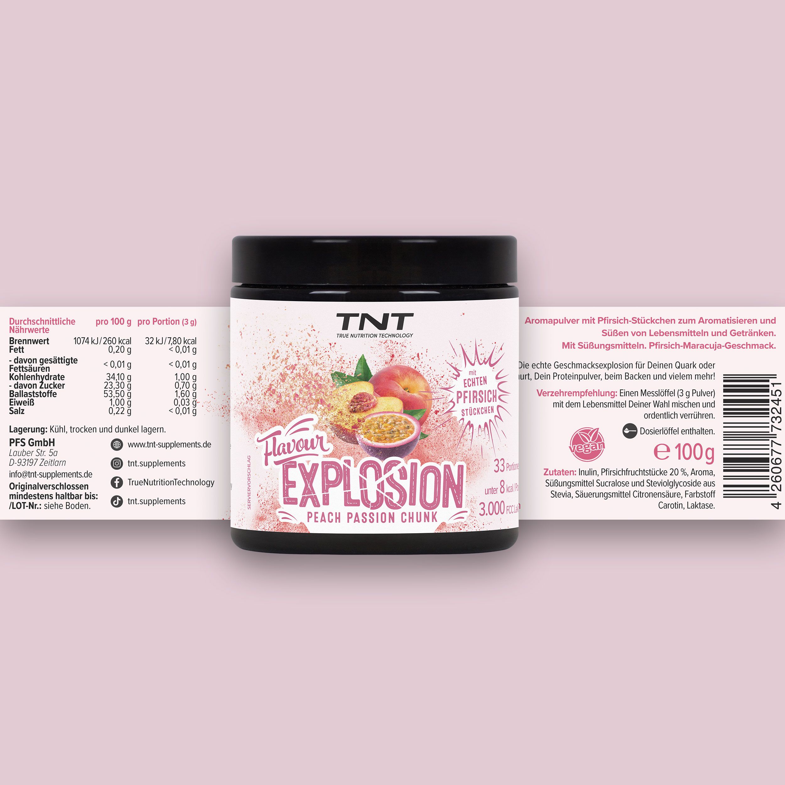 Dose TNT Flavour Explosion, Pfirsich-Maracuja, mit Nährwertangaben und Barcode.
